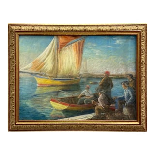 Early 20th-Century Harbor Maritime Pastel Drawing Under Glass For Sale