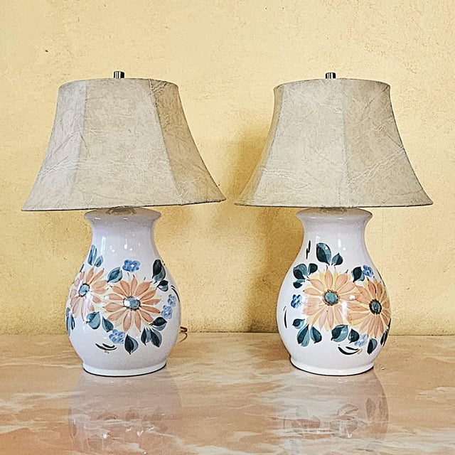 Contemporary Hand‑Painted Floral Ceramic Lamps W/ Faux Leather Shades – Pair For Sale - Image 11 of 18