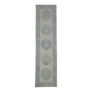 Turkish Oushak Rug Runner Blue & Soft Green Handwoven Wool Rug 2'7" X 9'11" For Sale