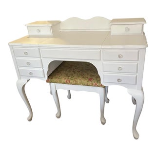 1980s Solid Wood Vintage Vanity Desk Vanity Refinished White With Stool - Set of 2 For Sale