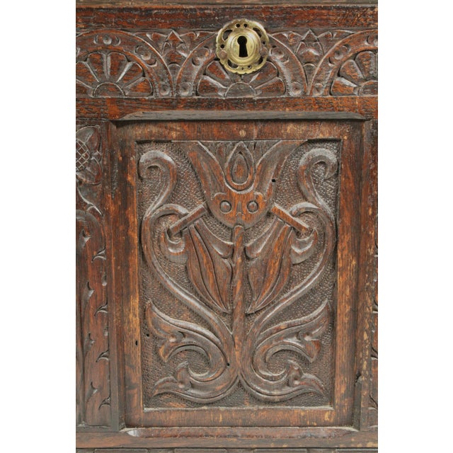 Wood Antique Tudor Style Carved Oak Trunk For Sale - Image 7 of 12