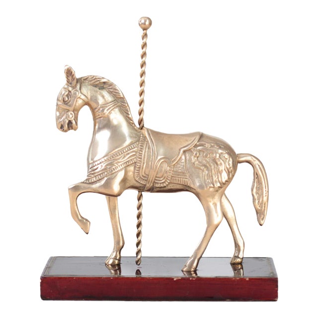 Mid-Century Brass Carousel Horse Figurine on Wood Base, Whimsical Home Decor For Sale