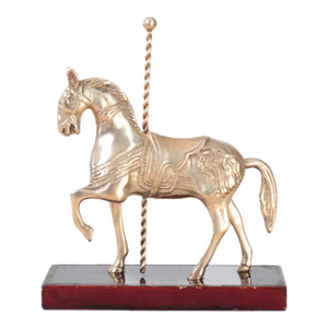 Mid-Century Brass Carousel Horse Figurine on Wood Base, Whimsical Home Decor