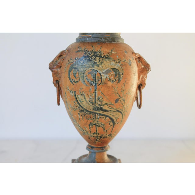 Vintage Asian Style Hand Painted Urn Shape Table Lamp W/ Goat Head Motif For Sale - Image 9 of 18