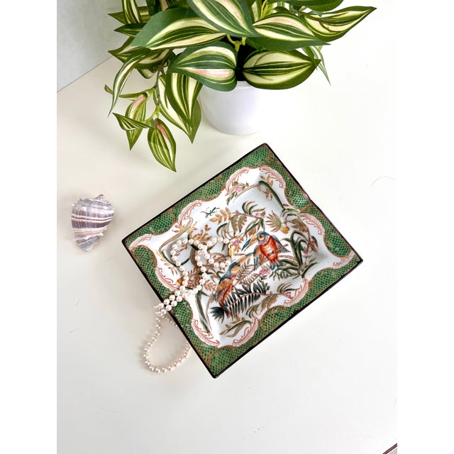 Forest Green Vintage Gien France “Oiseaux De Paradis” Faience Vide Poche Tray For Sale - Image 8 of 14