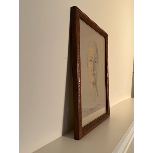 Tan Mid-Century Modern Female Portrait Original Pen and Ink Pastel Drawing by John P. Coleman For Sale - Image 8 of 15
