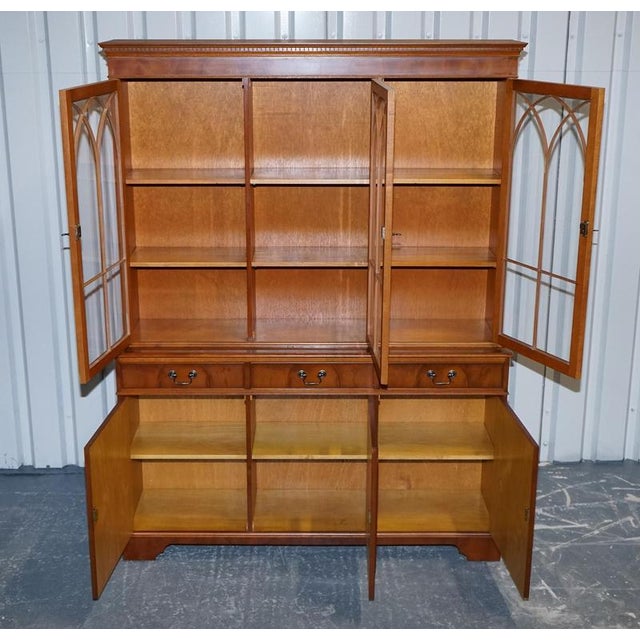 Vintage English Burr Yew Wood 3 Door Glazed Display Bookcase Cabinet For Sale - Image 10 of 18