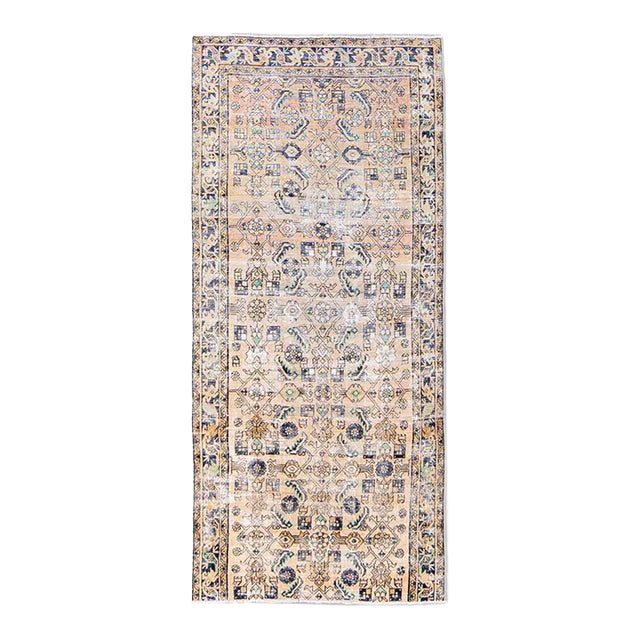 1960s Vintage Persian Distressed Handmade Allover Geometric Beige Wool Runner For Sale