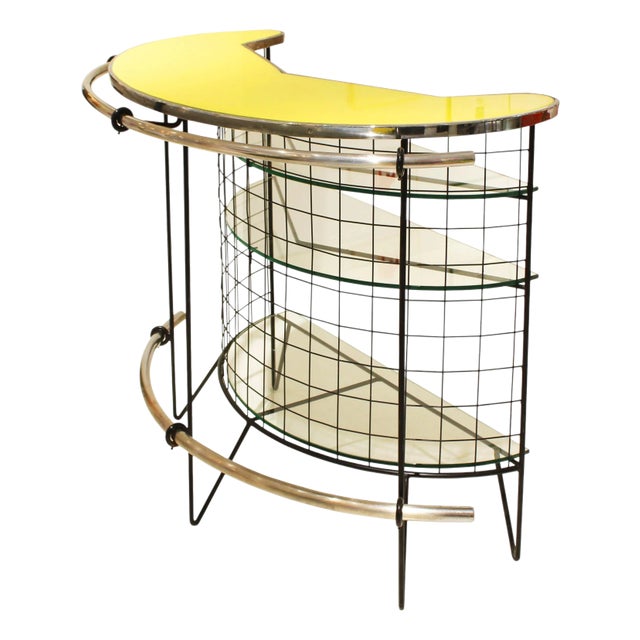 Mid-Century Modern Curved Iron and Glass Bar with Yellow Glass Top, Italy, 1950 For Sale