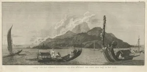 View of the Island of Tahiti with Outrigger Canoes and Sailing Catamarans, 1803, Paper