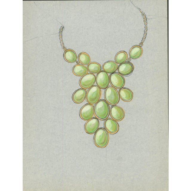 Original hand-drawn jewelry design showing a dramatic bib necklace composed of clustered oval green cabochon stones in...