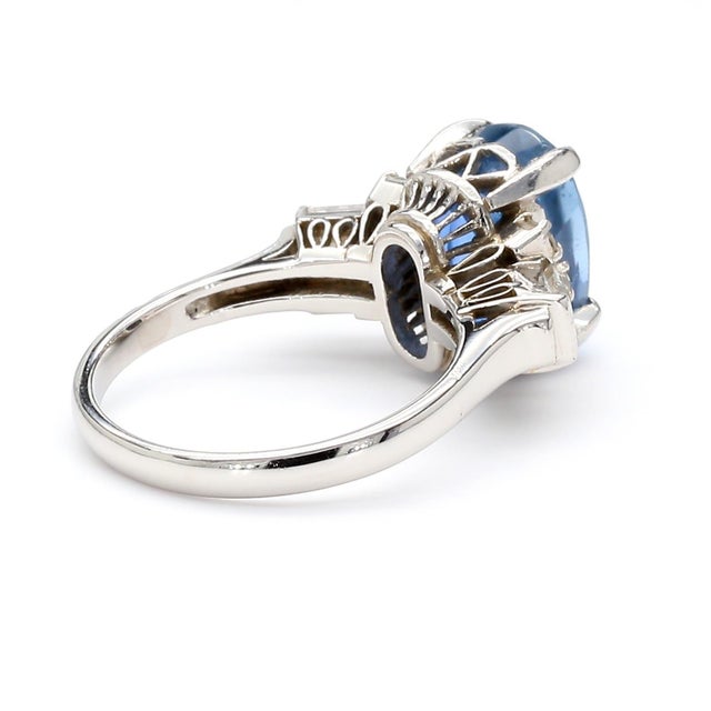 Contemporary 2.51 Carat Oval Blue Sapphire & Mixed Diamond Platinum Filigree Ring, Size 4 For Sale - Image 3 of 12