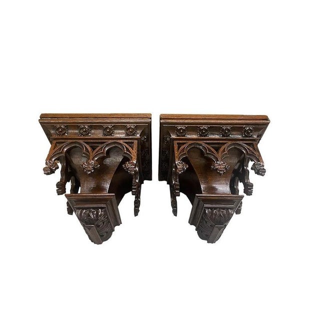 Wood Gothic Dutch Oak Wall Brackets, 1900s, Set of 2 For Sale - Image 7 of 8