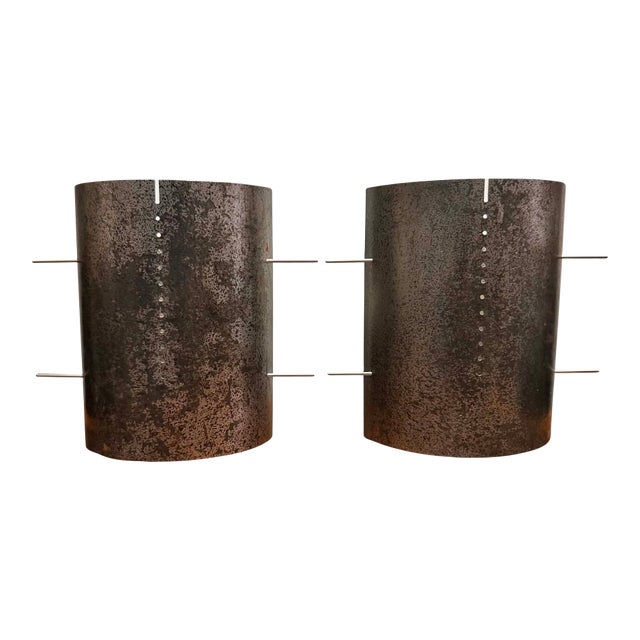 Vintage Brutalist Patinated Steel Wall Sconces - a Pair For Sale