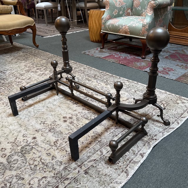 Brown Fireplace Fender and Andirons, Set For Sale - Image 8 of 9