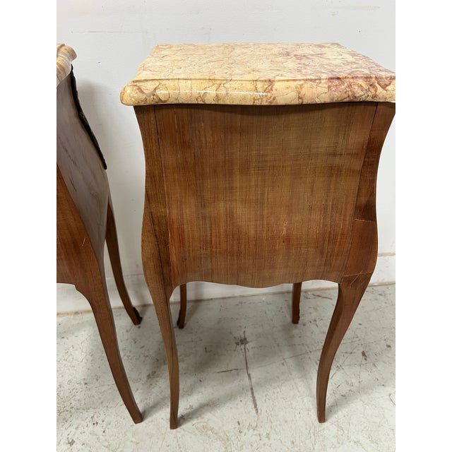 Small Louis XV Style Marquetry Commodes with Marble Tops, 1900s, Set of 2 For Sale - Image 9 of 12