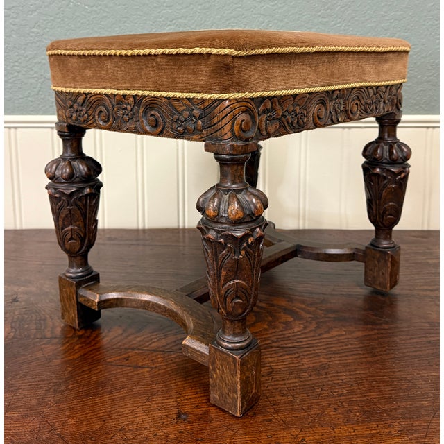 Antique English Jacobean Upholstered Bench Stool Carved Oak C. 1930s For Sale - Image 11 of 16