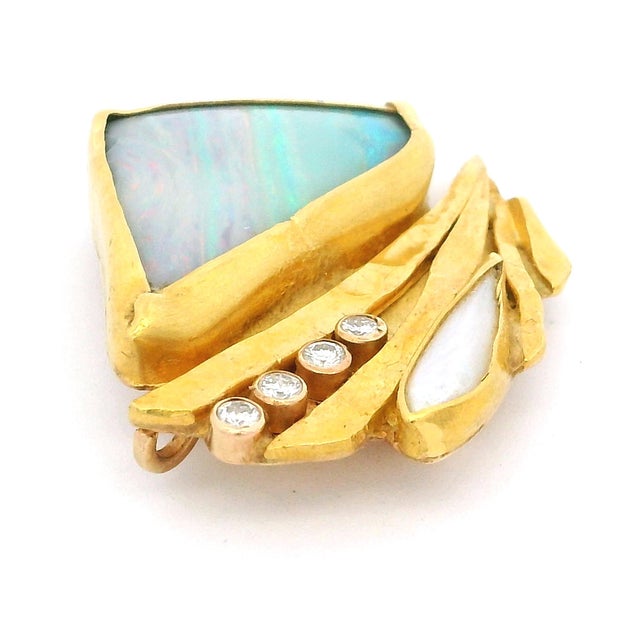 Vintage American Studio 22k Gold Opal Diamond Modernist Brooch For Sale - Image 4 of 14