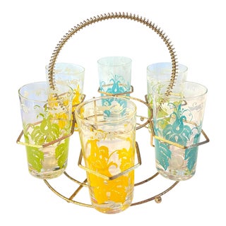 Morphew Abode 1950s Multicolor Geometric Glass & Metal Mod Glassware Set With Carrier- 7 Pieces For Sale