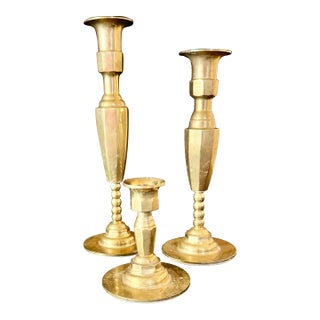 Mid 20th Century Set of 3 Beaded Stem Brass Candlestick Holders For Sale