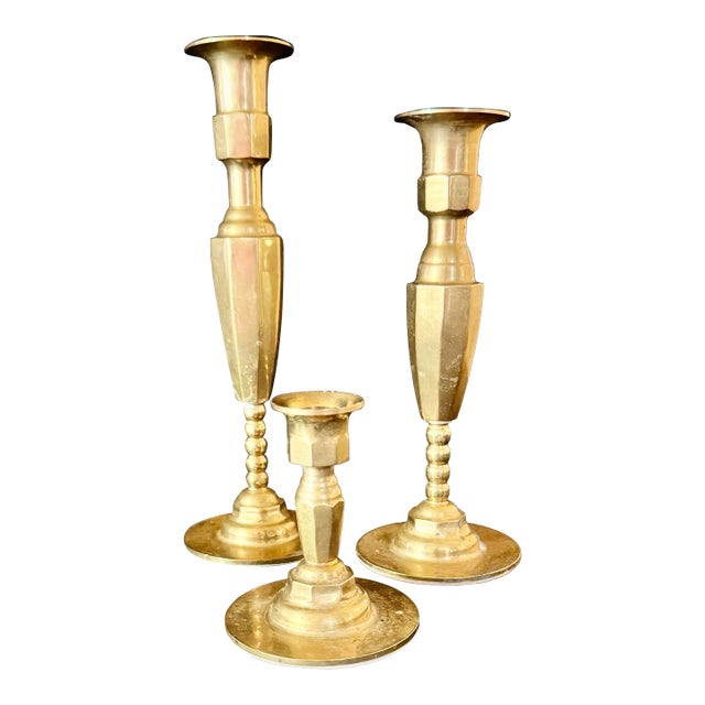 Mid 20th Century Set of 3 Beaded Stem Brass Candlestick Holders For Sale
