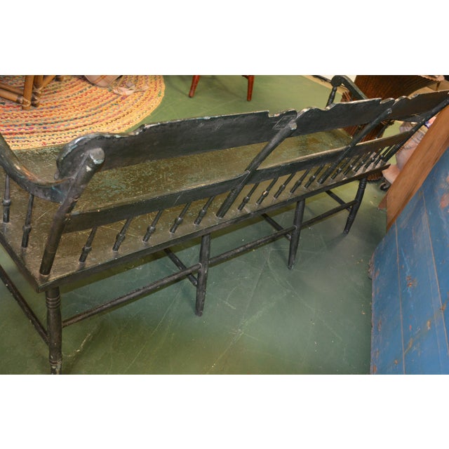 1960s Shabby Green Wood Long Deacon's Bench With Arms & Custom Cushion