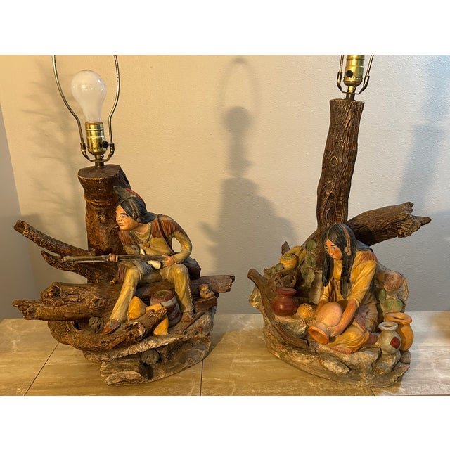 Coffee Vintage Rustic Cabin Apsit of California American Indian Scenes Chalk Lamps - Set of 2 For Sale - Image 8 of 9