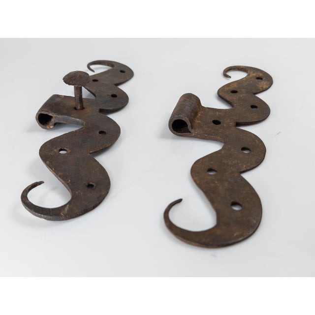 18th Century Pair of Rustic Primitive Black Smith Hand Wrought Hinges For Sale - Image 9 of 11