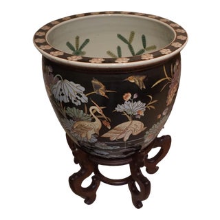 Chinese Fish Bowl Planter on Wood Base For Sale