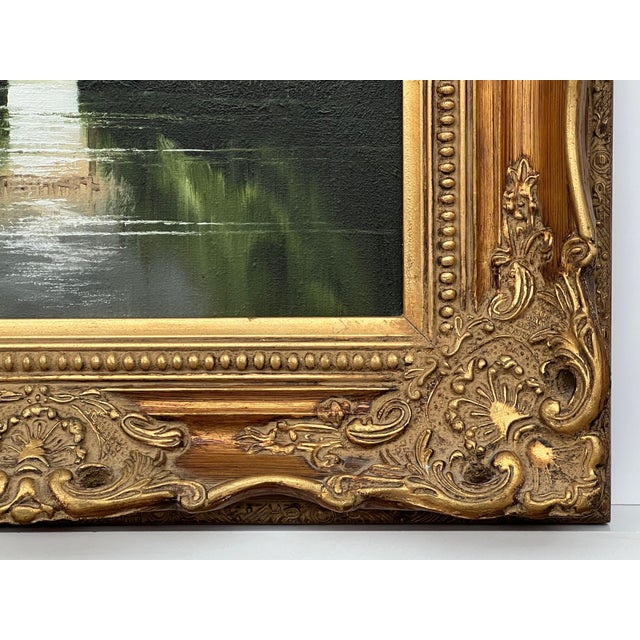 Late 20th Century Serenity Over the Bridge - Lake Scene With Lush Green Trees by British Artist 1976 For Sale - Image 5 of 8