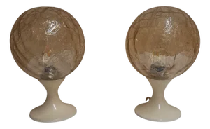 Bedside Lamps with Cream White Metal Bases and Spherical Tinted Ice Glass Lampshades, 1970s, Set of 2