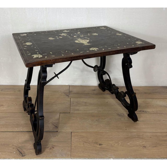 Baroque Spanish Baroque Style Side Table with Floral Marquetry Top and Ebonized Base, 1930 For Sale - Image 3 of 15