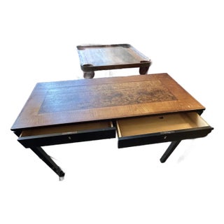Handsome Vintage Burl and Inlaid Desk With Ebonized Base For Sale
