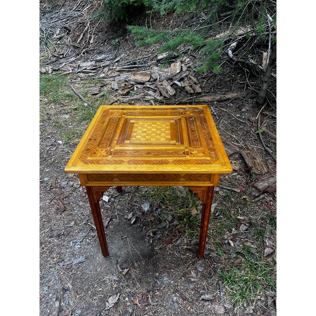 1940s Antique Square Rustic Folk Inlay Marquetry Game / Chess Accent Table For Sale - Image 5 of 9