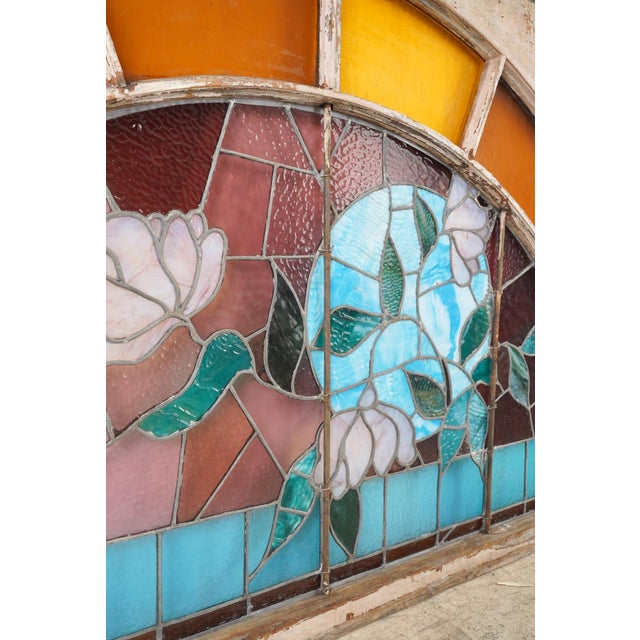 Antique Colorful Stained Fanlight Transom Window 72 X 36 In. For Sale - Image 12 of 13