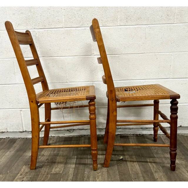 Late 20th Century Vintage Colonial Style Ladderback Cane Seat Dining Chairs - Pair For Sale - Image 5 of 6