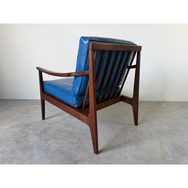 Mid Century Ib Kofod Larsen Style Scandinavian Lounge Chair With Blue Leather Cushions For Sale - Image 9 of 18