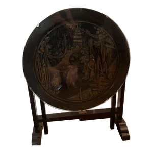 Mid 20th Century Vintage Asian Chinoiserie Carved Wood Round Tilt-Top Table