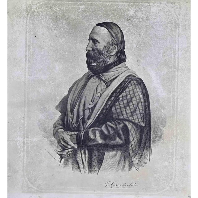 A finely executed 19th-century lithographic portrait, presented in three-quarter profile. Hand signed in ink by Garibaldi....
