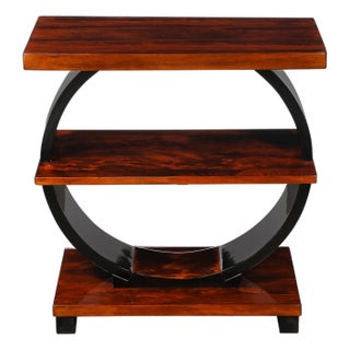 Art Deco Machine Age 3-Tier Walnut Side Table W/ Black Lacquer Round Support For Sale