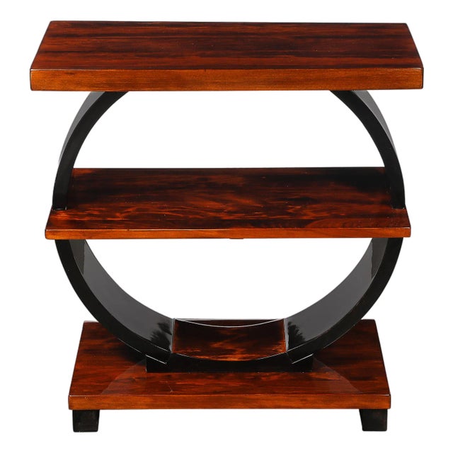 Art Deco Machine Age 3-Tier Walnut Side Table W/ Black Lacquer Round Support For Sale