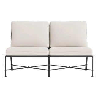 Brown Jordan Venetian Armless Loveseat, Textured Pewter frame with Fusion Natural fabric For Sale