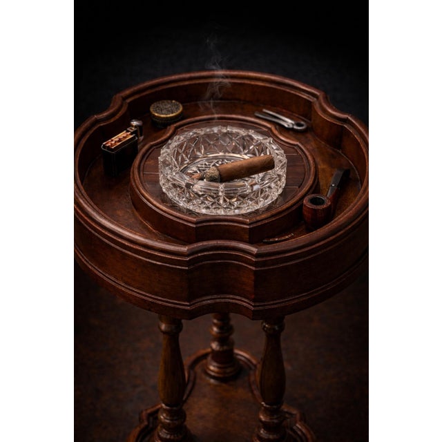 Wood Vintage Gentleman’s Smoking Table With Gallery Tray Top and Cigar Rest Compartments – Turned Pedestal Base For Sale - Image 7 of 9