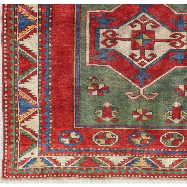 Tribal Antique Caucasian Fachralo Kazak With Tribal Design in Green, Red and Ivory 3'9 X 4'2 For Sale - Image 3 of 7