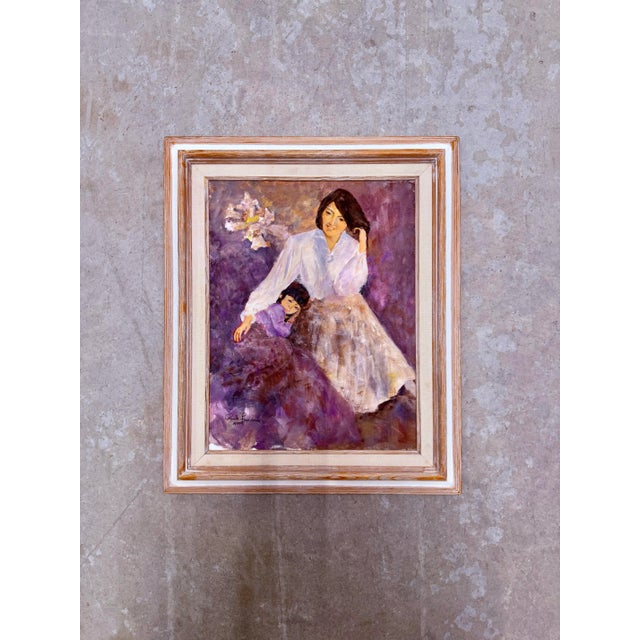 Vintage signed and framed mother and daughter portrait painting in a purple floral impression. Signed by Paula F., 2002....