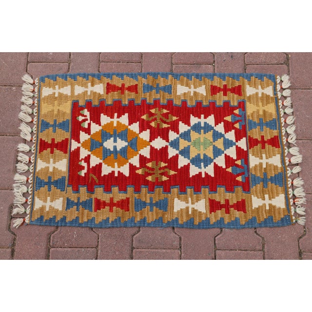 1970s Southwestern Style Geometric Design Handmade Red Oushak Accent Kilim Rug For Sale - Image 4 of 11