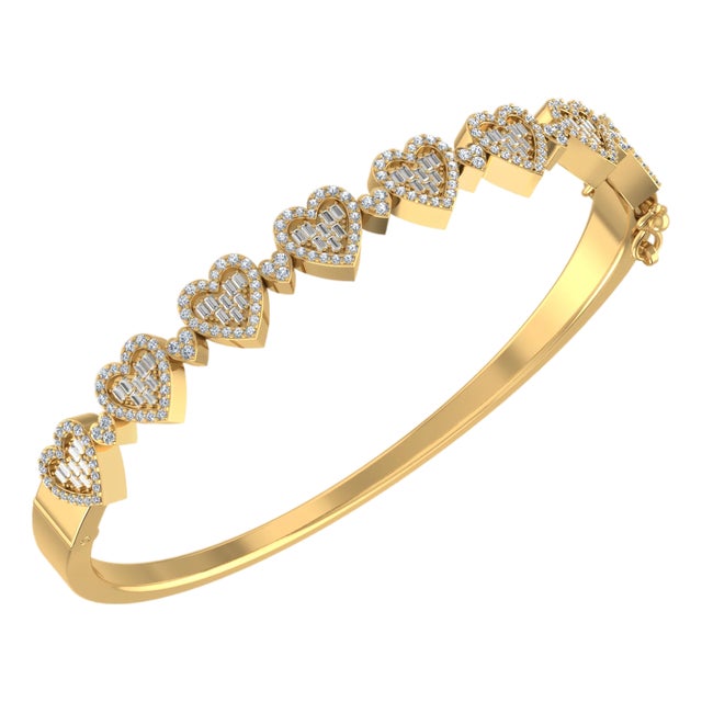 10K Yellow Gold Round Baguette Diamond Heart Designer Bangle Bracelet 1 Cttw For Sale