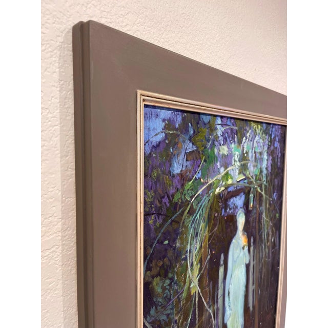 Figurative She Who Is Guardian, Hebe at the Gate by Chuck Kovacic | Oil on board Statue of Hebe at a garden gate For Sale - Image 3 of 3