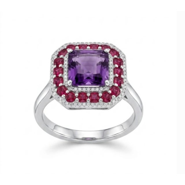 Modern Natural Ruby 2.30cts, Amethyst 5.30cts & Diamond 0.50cts Ring in 14k Gold For Sale - Image 3 of 8
