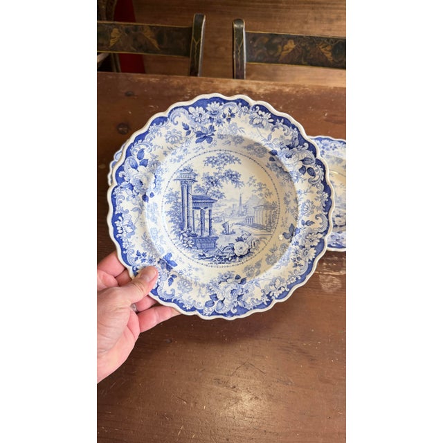 Farmhouse Antique Staffordshire Blue Transfer "Corinthian" Pattern Soup Bowls, Set of Three, Circa 1820s–1840s For Sale - Image 3 of 12